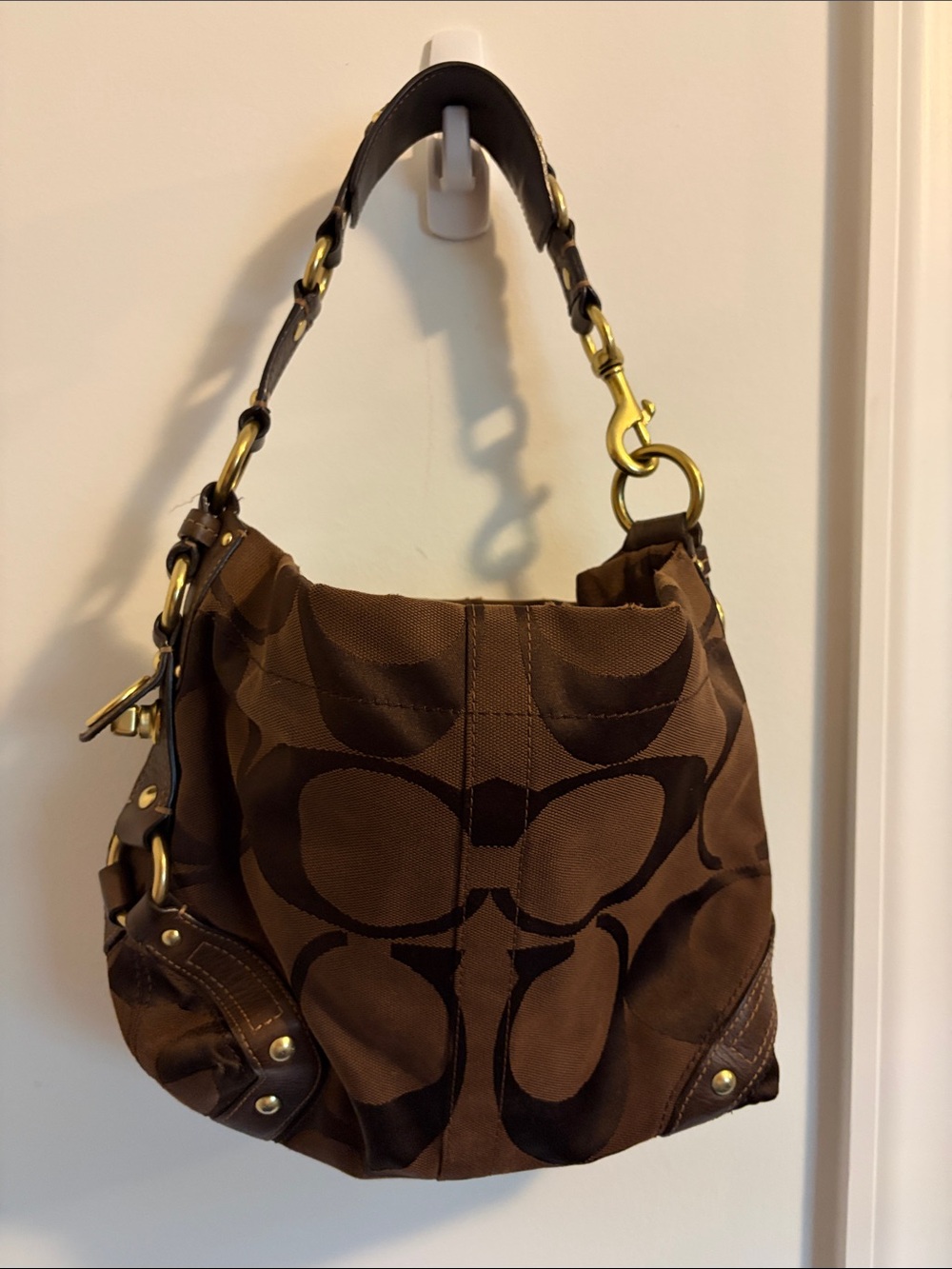 Coach Brown Signature Canvas Shoulder Bag with Brass Hardware